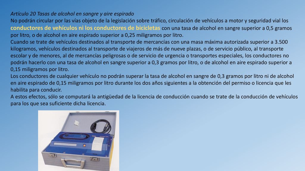 Artículo 20 Tasas de alcohol en sangre y aire espirado