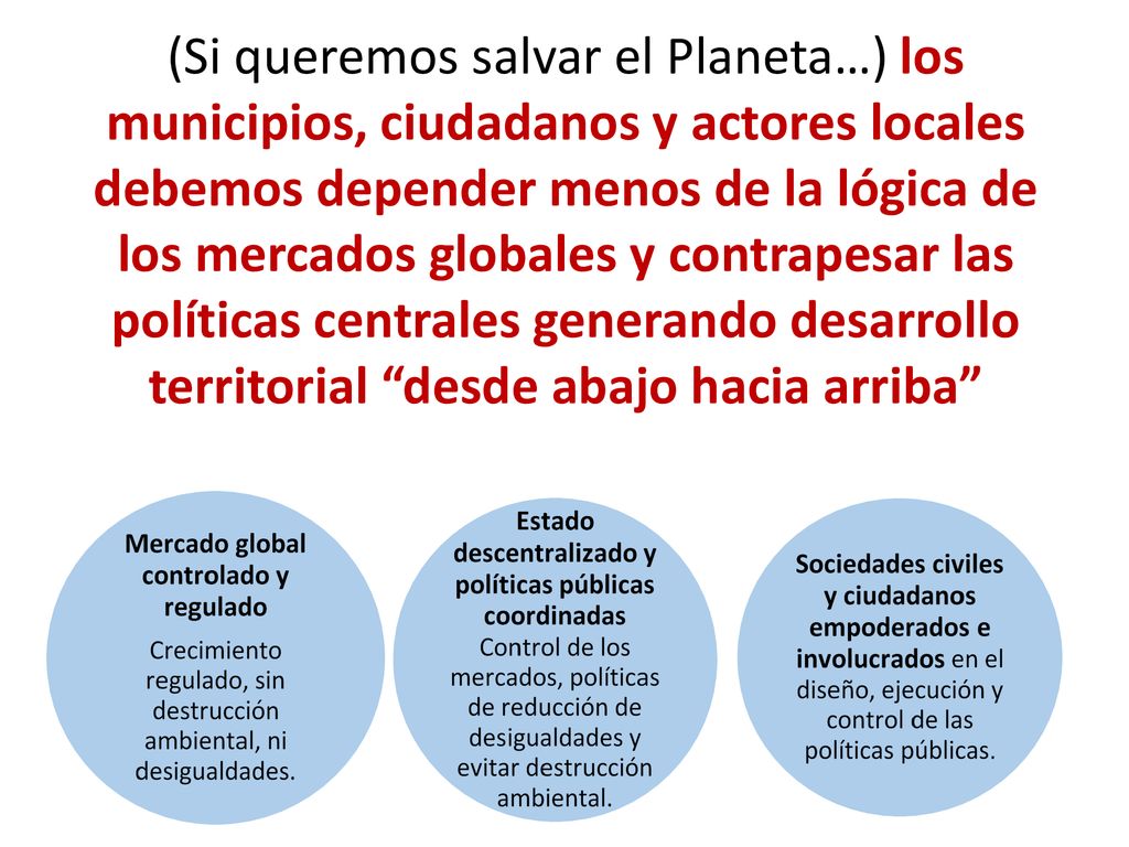 (Si queremos salvar el Planeta…) los municipios, ciudadanos y actores locales debemos depender menos de la lógica de los mercados globales y contrapesar las políticas centrales generando desarrollo territorial desde abajo hacia arriba