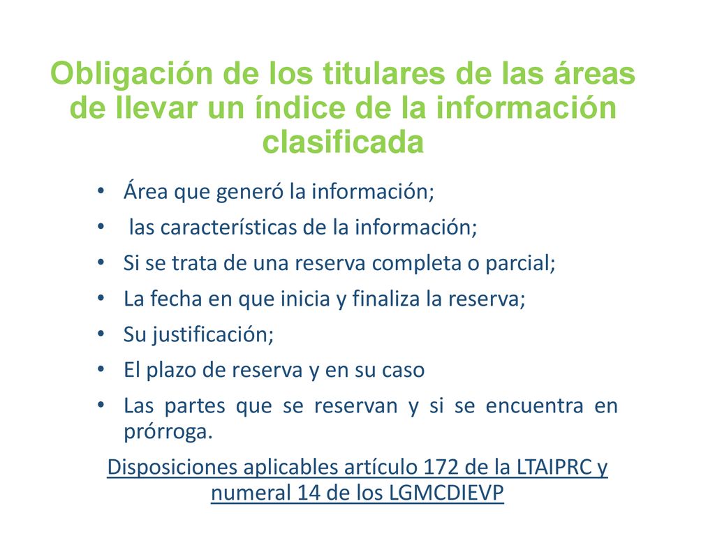 Obligación de los titulares de las áreas de llevar un índice de la información clasificada
