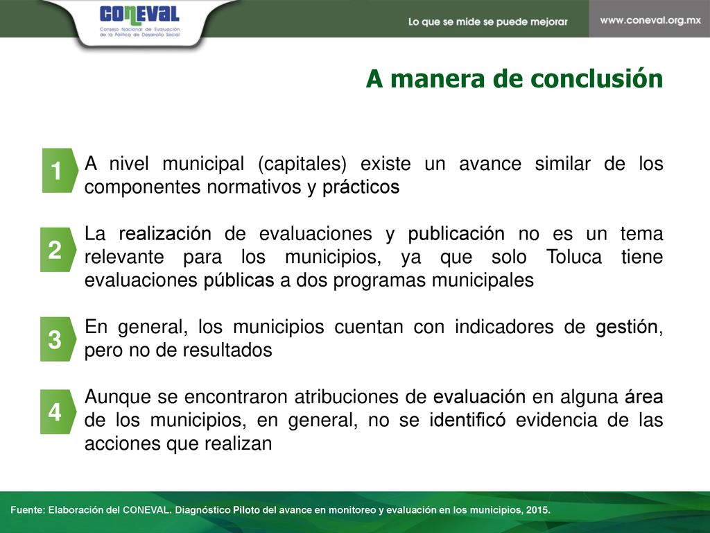 A manera de conclusión A nivel municipal (capitales) existe un avance similar de los componentes normativos y prácticos.
