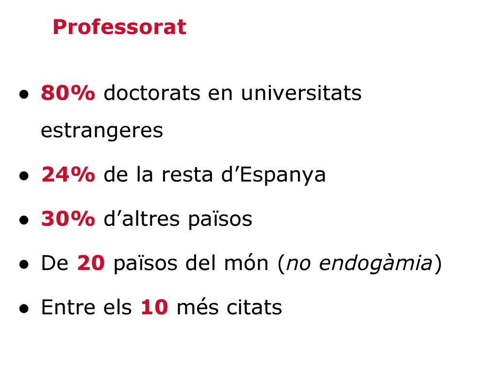 Professorat 80% doctorats en universitats estrangeres. 24% de la resta d’Espanya. 30% d’altres països.