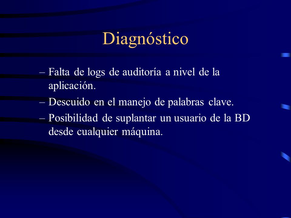 Diagnóstico Falta de logs de auditoría a nivel de la aplicación.