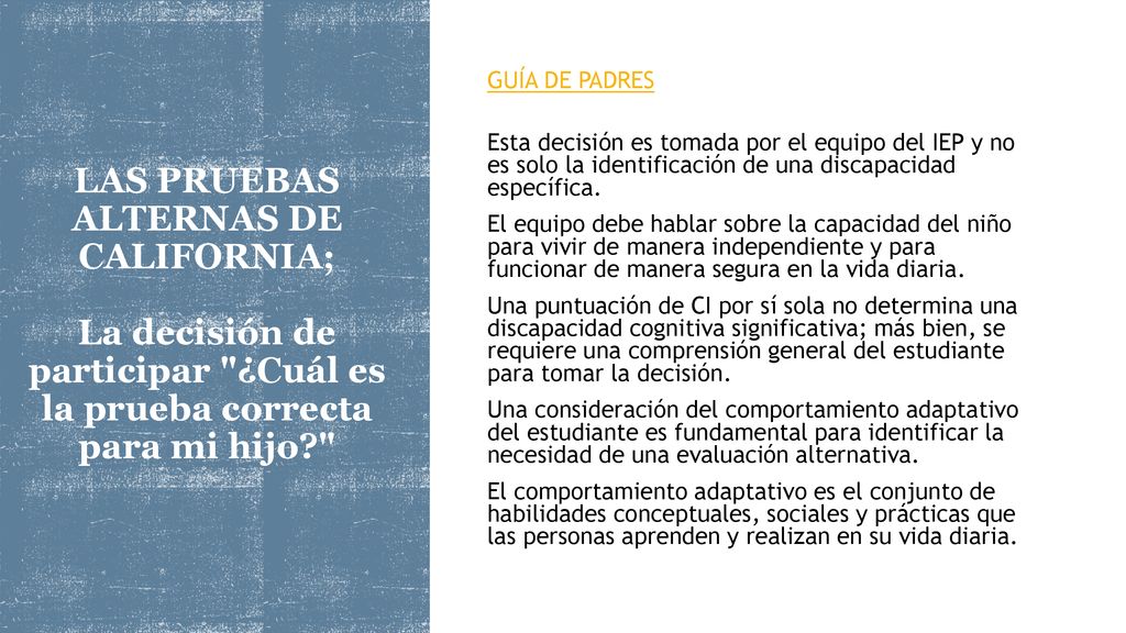 GUÍA DE PADRES Esta decisión es tomada por el equipo del IEP y no es solo la identificación de una discapacidad específica.