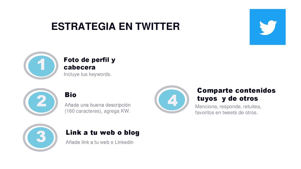 ESTRATEGIA EN TWITTER Bio Comparte contenidos tuyos y de otros