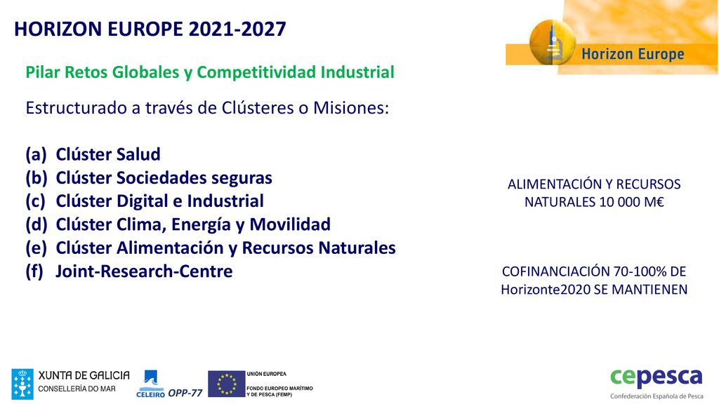 HORIZON EUROPE Pilar Retos Globales y Competitividad Industrial. Estructurado a través de Clústeres o Misiones: