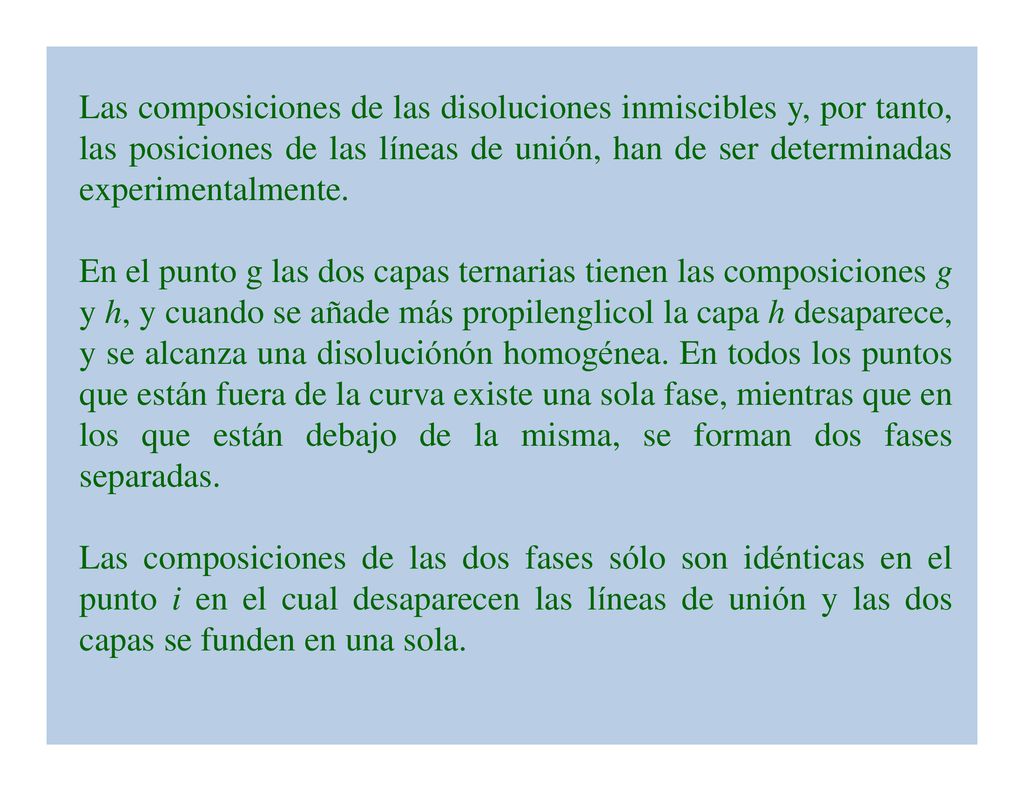 Las composiciones de las disoluciones inmiscibles y, por tanto, las posiciones de las líneas de unión, han de ser determinadas experimentalmente.