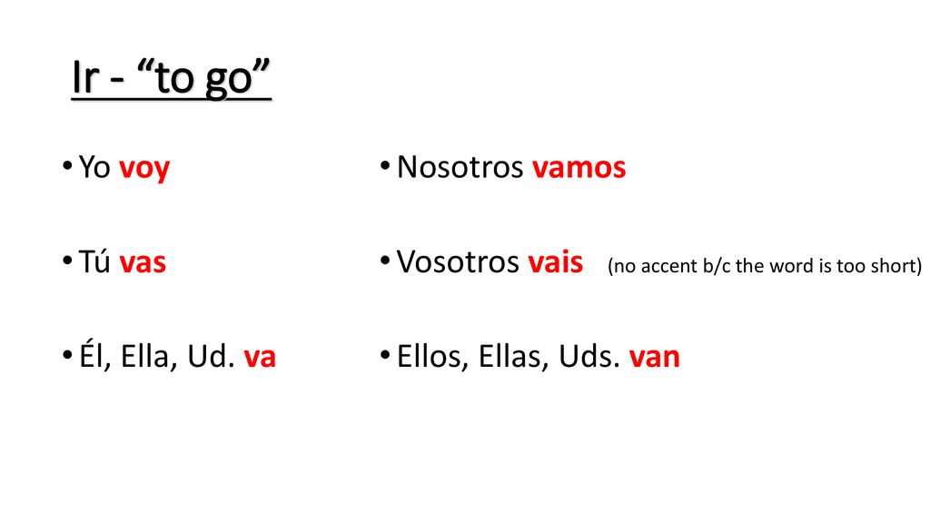 Ir - to go Yo voy Tú vas Él, Ella, Ud. va Nosotros vamos