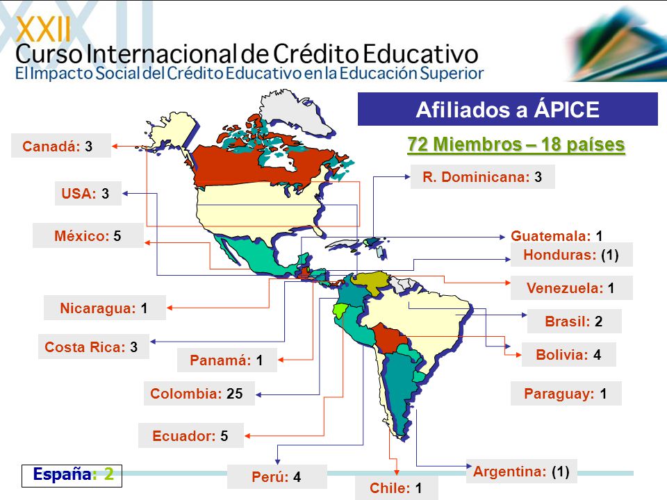 Afiliados a ÁPICE 72 Miembros – 18 países España: 2 Canadá: 3