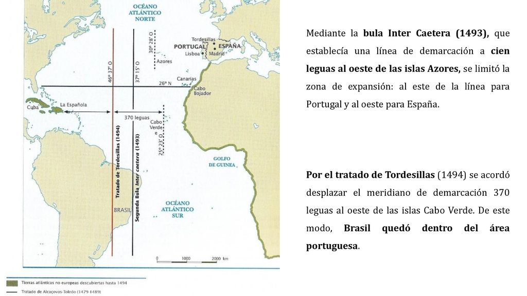 Mediante la bula Inter Caetera (1493), que establecía una línea de demarcación a cien leguas al oeste de las islas Azores, se limitó la zona de expansión: al este de la línea para Portugal y al oeste para España.