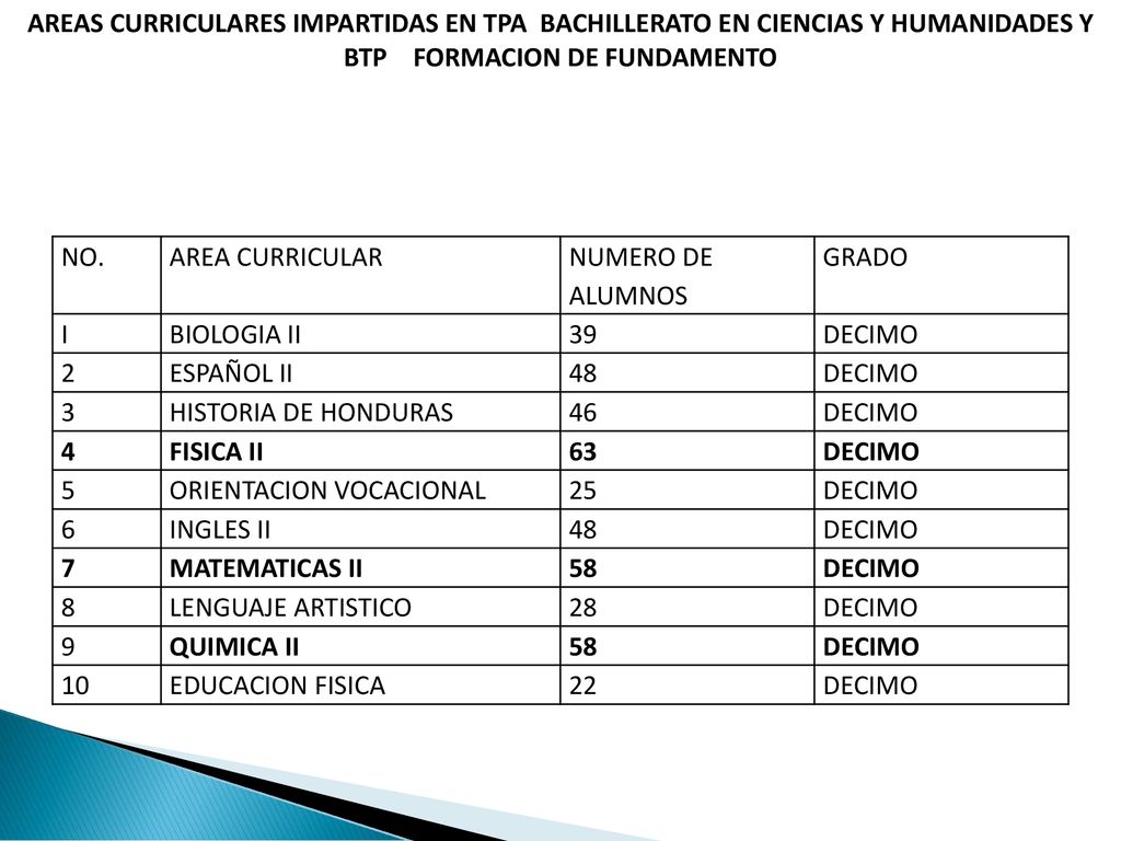 AREAS CURRICULARES IMPARTIDAS EN TPA BACHILLERATO EN CIENCIAS Y HUMANIDADES Y BTP FORMACION DE FUNDAMENTO