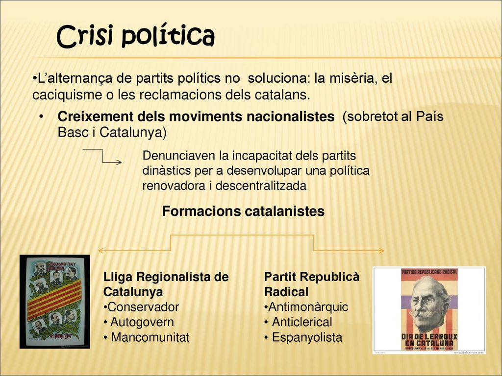 Crisi política L’alternança de partits polítics no soluciona: la misèria, el caciquisme o les reclamacions dels catalans.