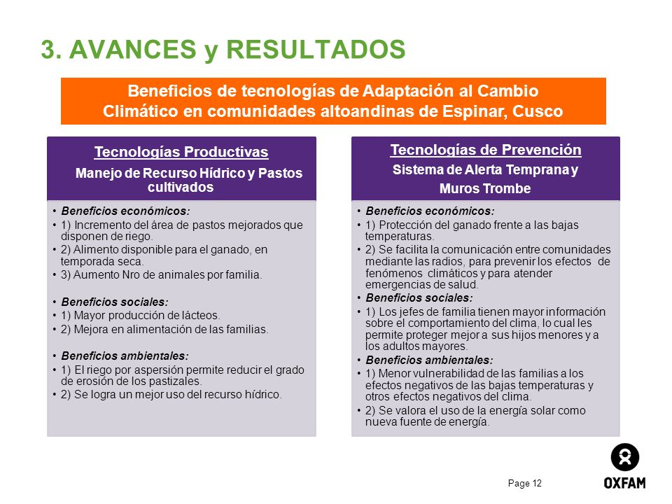 3. AVANCES y RESULTADOS Beneficios de tecnologías de Adaptación al Cambio. Climático en comunidades altoandinas de Espinar, Cusco.