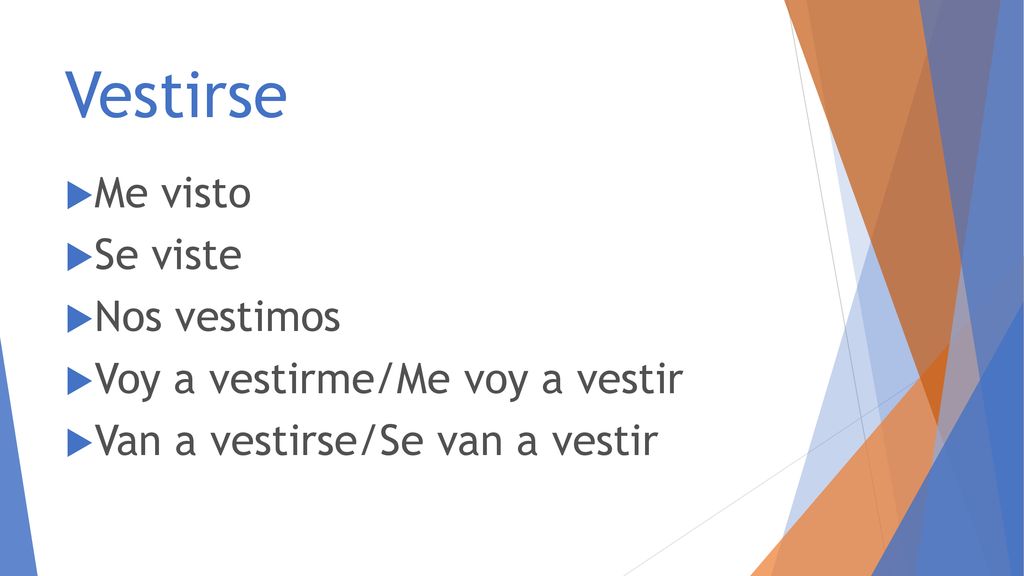 Vestirse Me visto Se viste Nos vestimos Voy a vestirme/Me voy a vestir