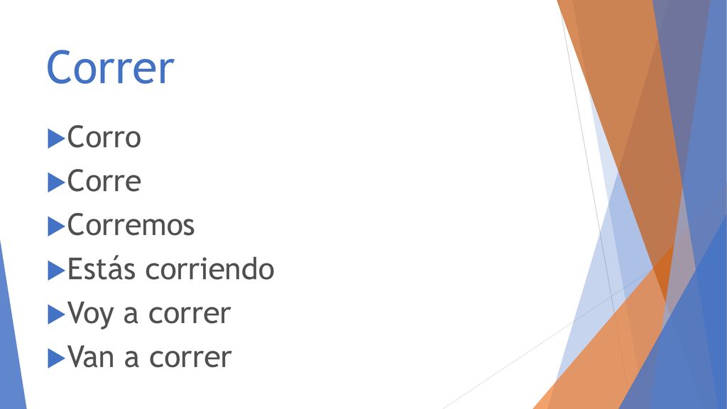 Correr Corro Corre Corremos Estás corriendo Voy a correr Van a correr