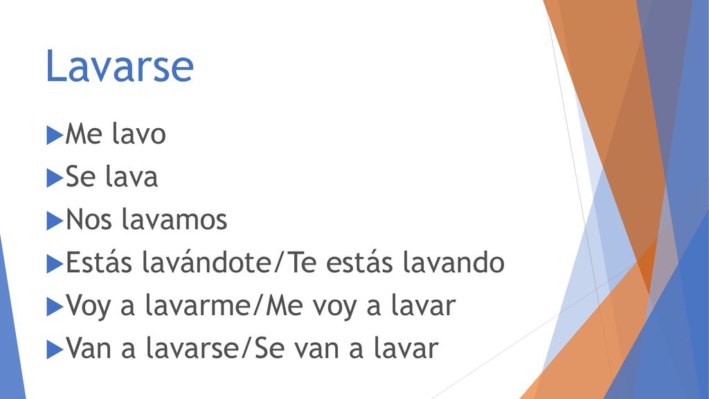 Lavarse Me lavo Se lava Nos lavamos Estás lavándote/Te estás lavando