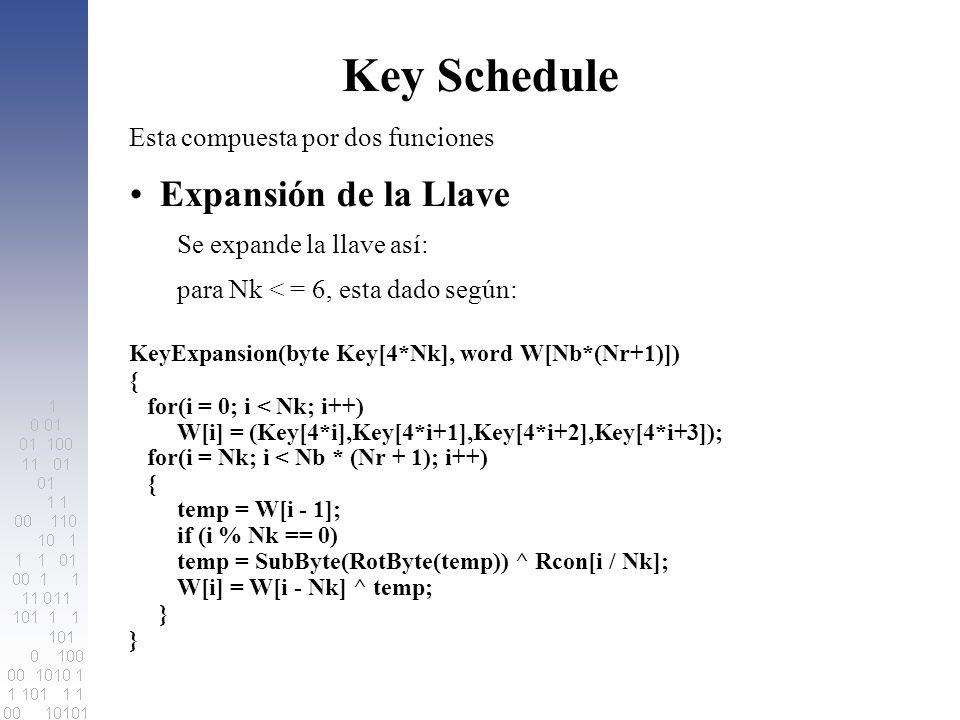 Key Schedule Expansión de la Llave Esta compuesta por dos funciones