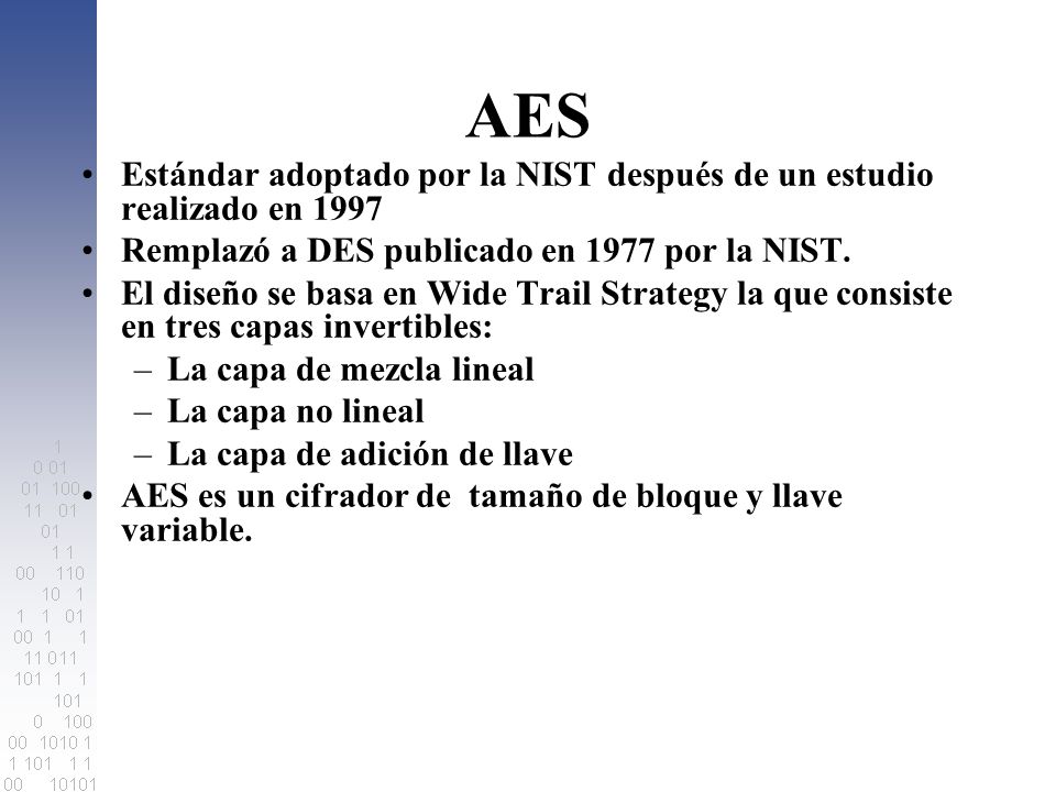 AES Estándar adoptado por la NIST después de un estudio realizado en Remplazó a DES publicado en 1977 por la NIST.
