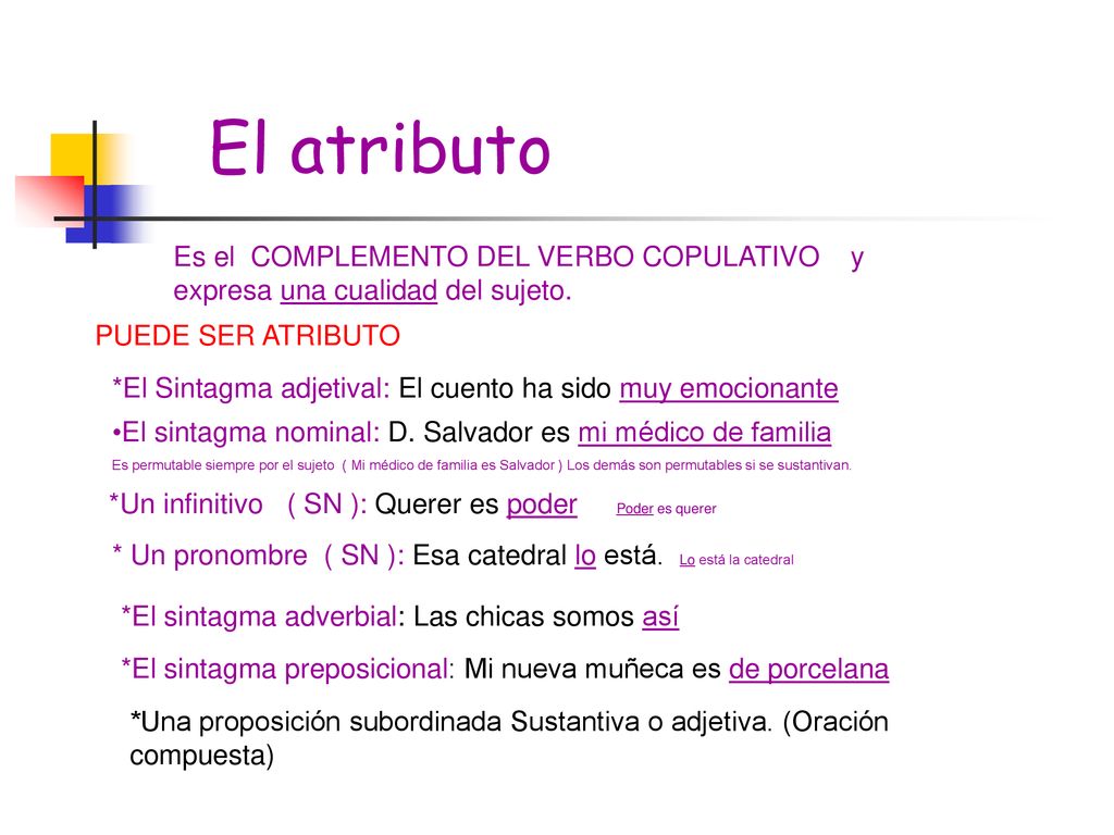 El atributo Es el COMPLEMENTO DEL VERBO COPULATIVO y expresa una cualidad del sujeto. PUEDE SER ATRIBUTO.