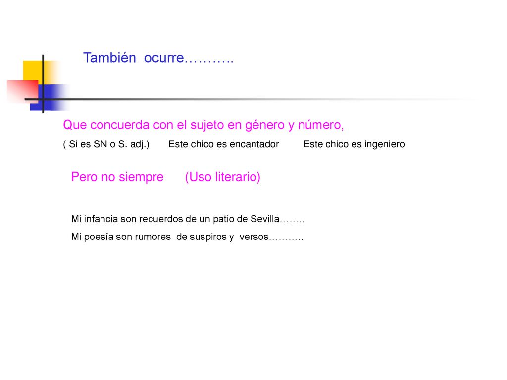 También ocurre……….. Que concuerda con el sujeto en género y número,