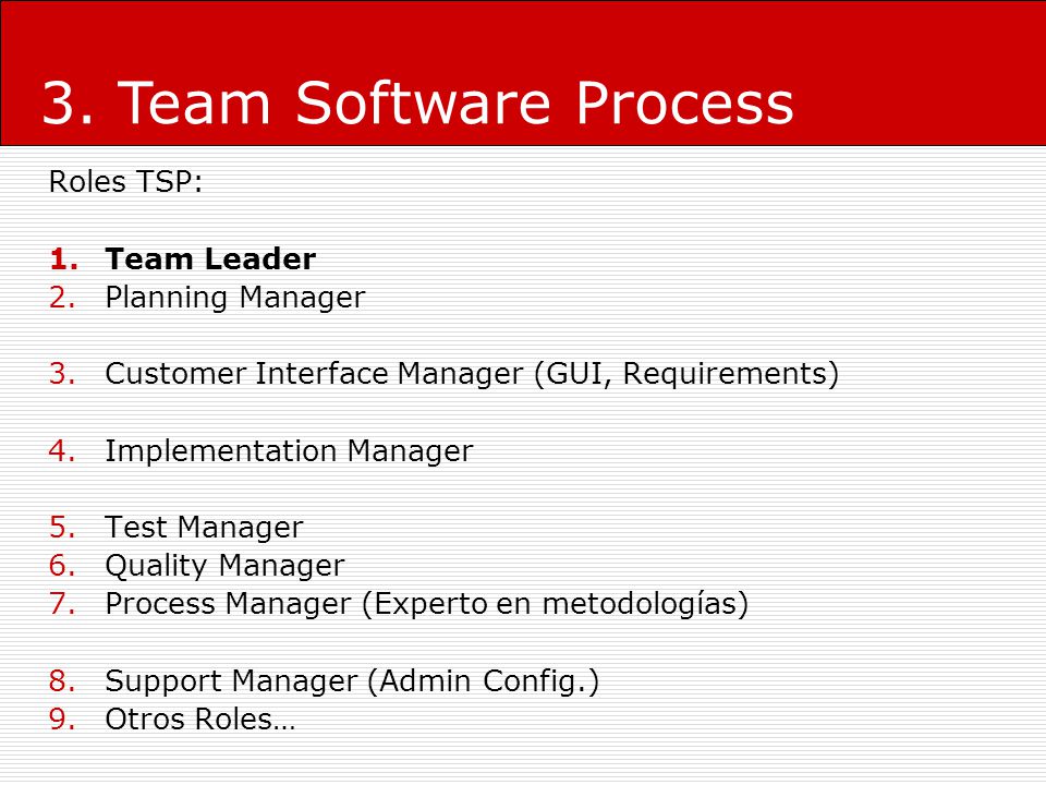 3. Team Software Process Roles TSP: Team Leader Planning Manager