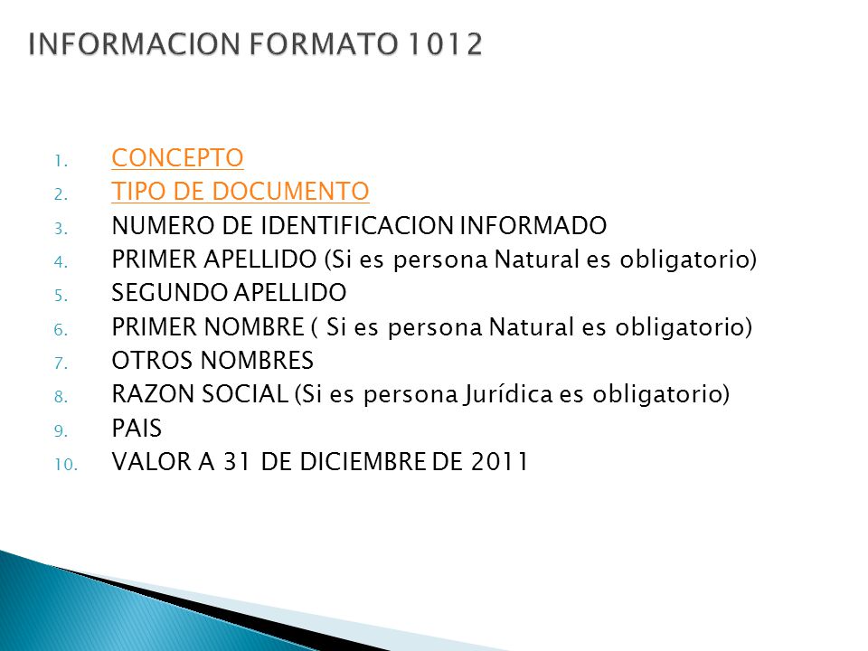 INFORMACION FORMATO 1012 CONCEPTO TIPO DE DOCUMENTO