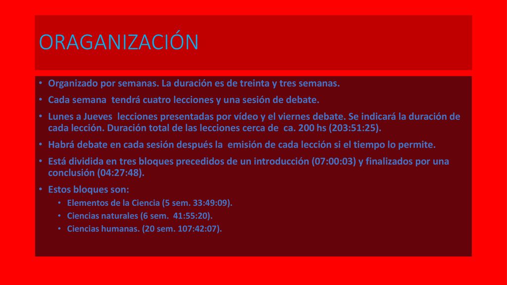 ORAGANIZACIÓN Organizado por semanas. La duración es de treinta y tres semanas. Cada semana tendrá cuatro lecciones y una sesión de debate.