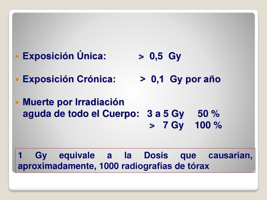 Exposición Única: > 0,5 Gy Exposición Crónica: > 0,1 Gy por año
