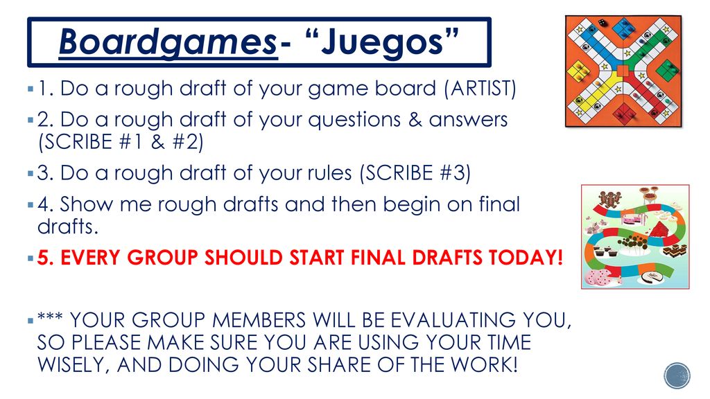 Boardgames- Juegos 1. Do a rough draft of your game board (ARTIST)