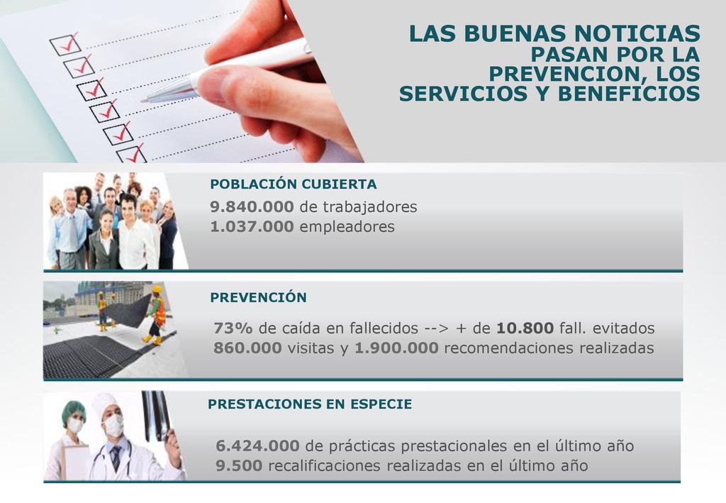 LAS BUENAS NOTICIAS PASAN POR LA PREVENCION, LOS SERVICIOS Y BENEFICIOS. POBLACIÓN CUBIERTA de trabajadores.