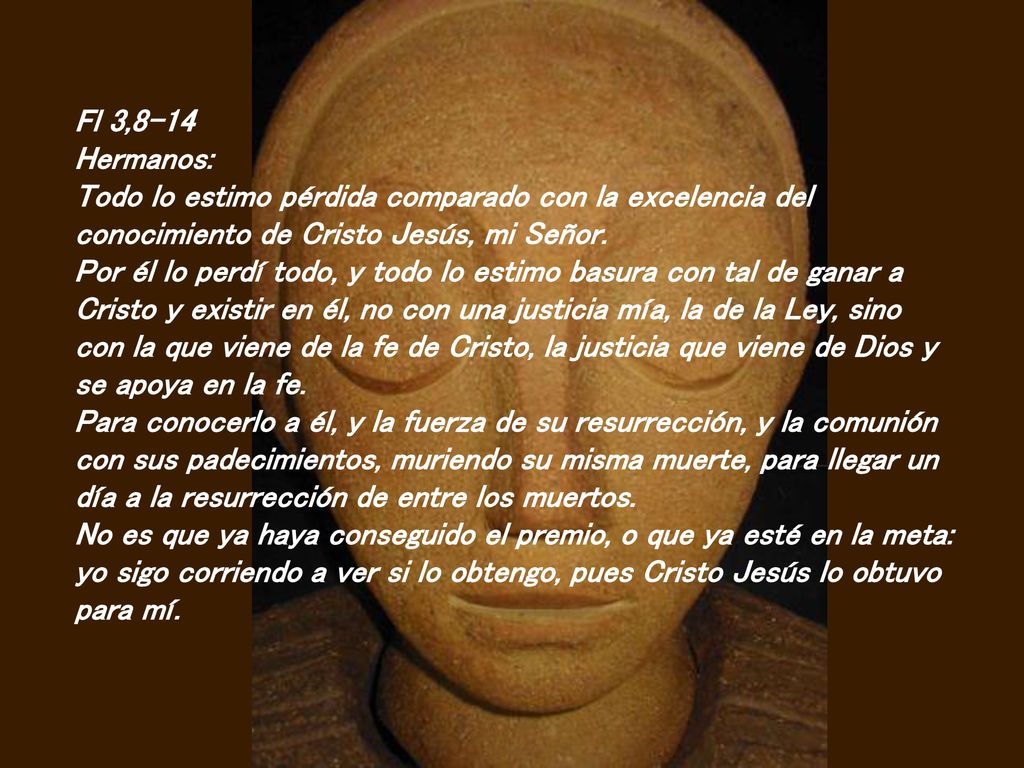 Fl 3,8-14 Hermanos: Todo lo estimo pérdida comparado con la excelencia del conocimiento de Cristo Jesús, mi Señor.