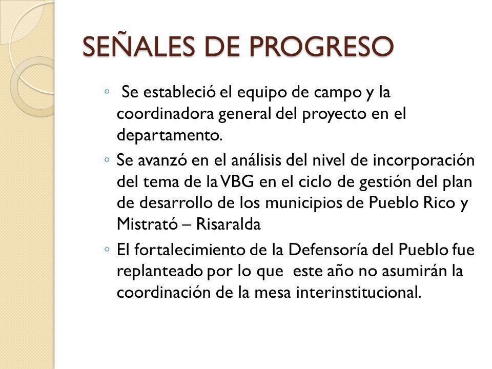 SEÑALES DE PROGRESO Se estableció el equipo de campo y la coordinadora general del proyecto en el departamento.