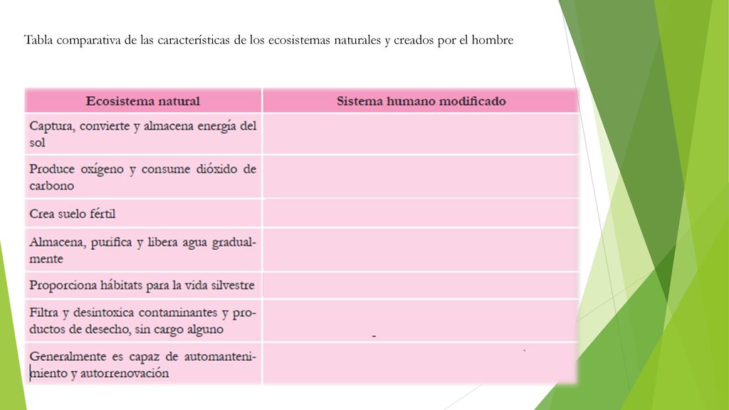 Tabla comparativa de las características de los ecosistemas naturales y creados por el hombre
