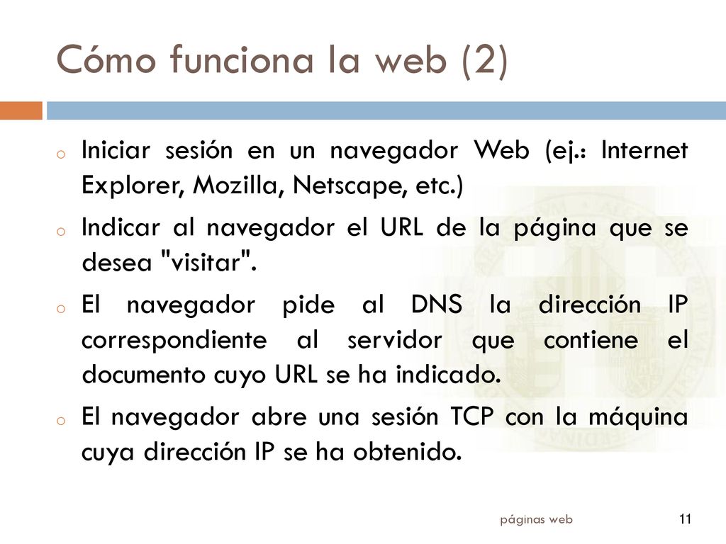 Cómo funciona la web (2) Iniciar sesión en un navegador Web (ej.: Internet Explorer, Mozilla, Netscape, etc.)