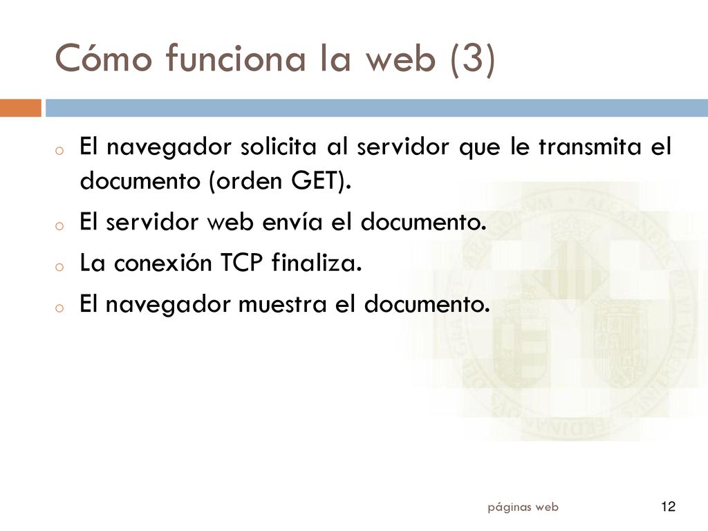 Cómo funciona la web (3) El navegador solicita al servidor que le transmita el documento (orden GET).