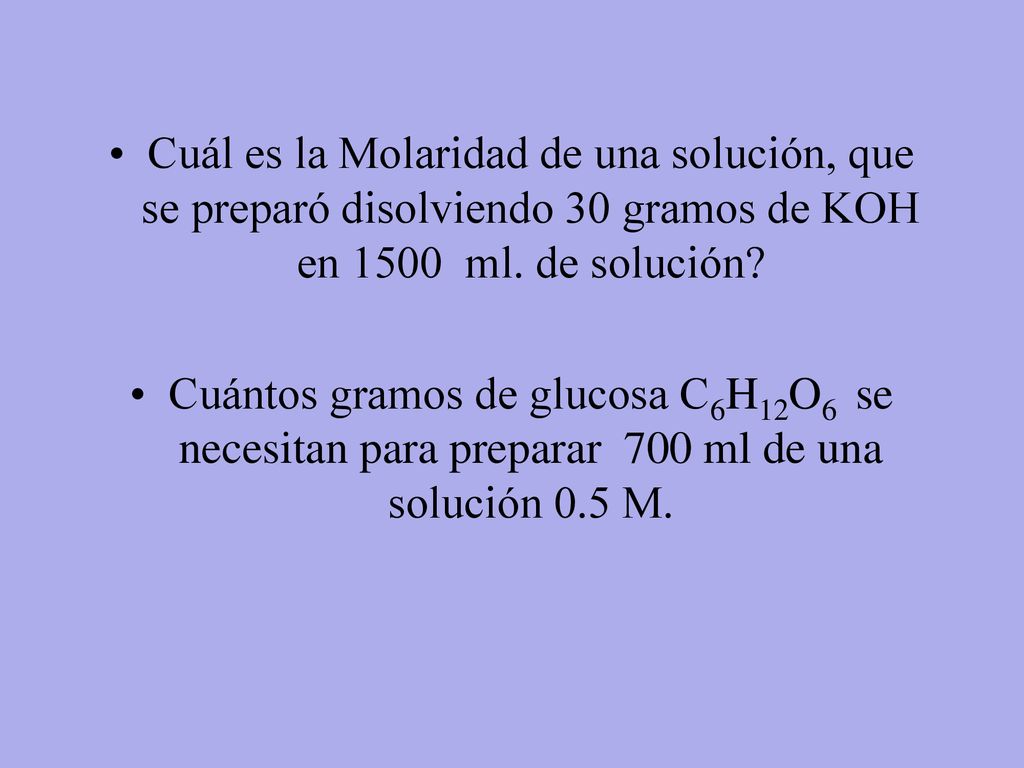 Cuál es la Molaridad de una solución, que se preparó disolviendo 30 gramos de KOH en 1500 ml. de solución