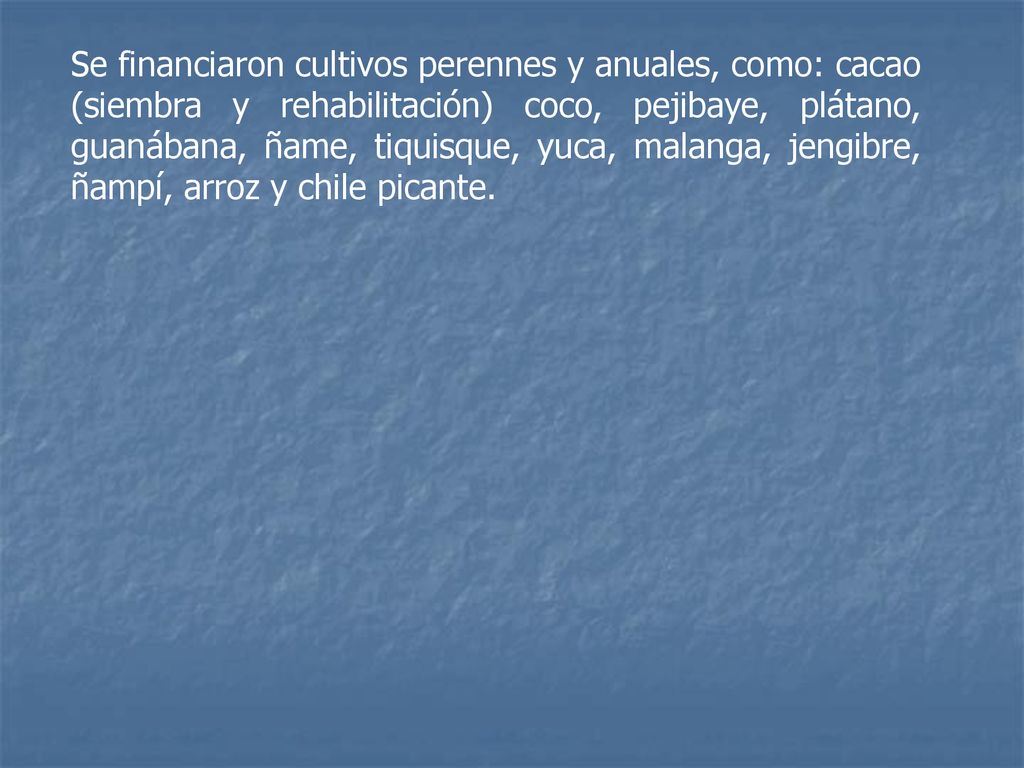 Se financiaron cultivos perennes y anuales, como: cacao (siembra y rehabilitación) coco, pejibaye, plátano, guanábana, ñame, tiquisque, yuca, malanga, jengibre, ñampí, arroz y chile picante.
