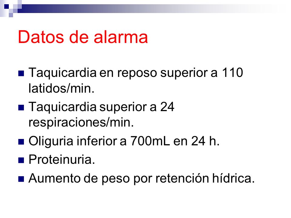 Datos de alarma Taquicardia en reposo superior a 110 latidos/min.