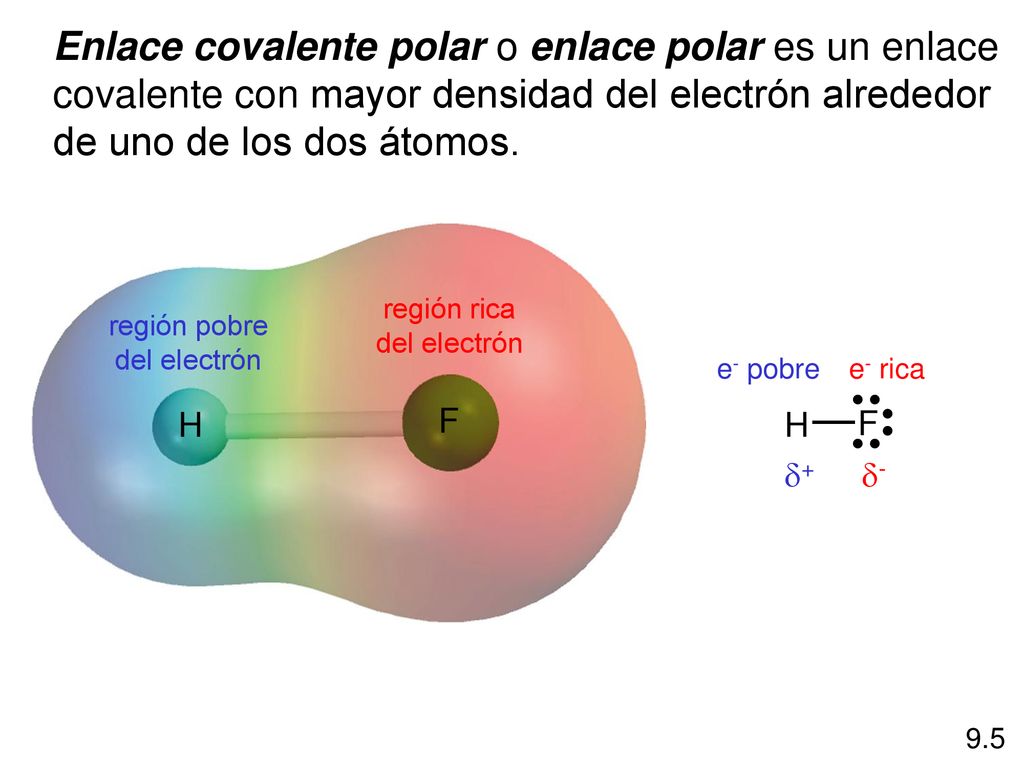 Enlace covalente polar o enlace polar es un enlace covalente con mayor densidad del electrón alrededor de uno de los dos átomos.