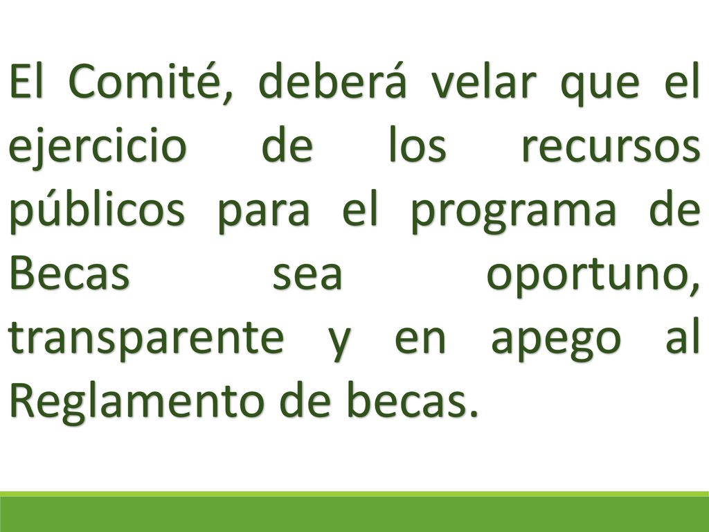 El Comité, deberá velar que el ejercicio de los recursos públicos para el programa de Becas sea oportuno, transparente y en apego al Reglamento de becas.