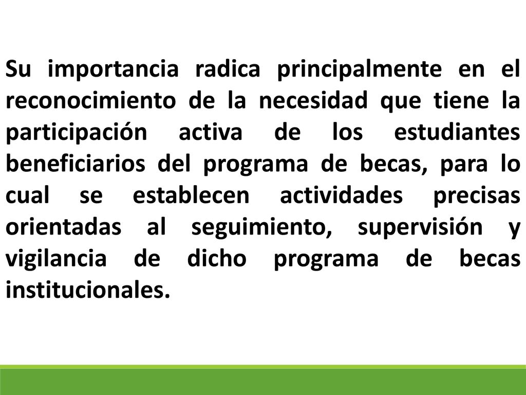 Su importancia radica principalmente en el reconocimiento de la necesidad que tiene la participación activa de los estudiantes beneficiarios del programa de becas, para lo cual se establecen actividades precisas orientadas al seguimiento, supervisión y vigilancia de dicho programa de becas institucionales.