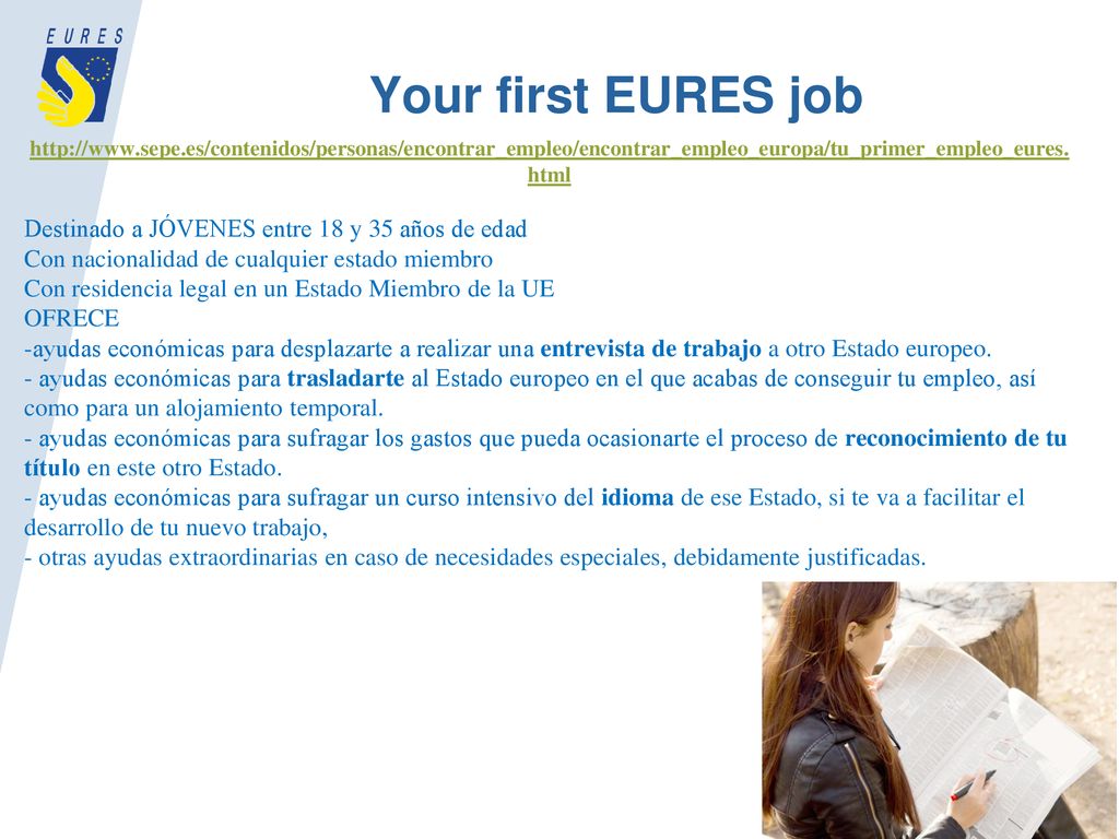 Your first EURES job Destinado a JÓVENES entre 18 y 35 años de edad