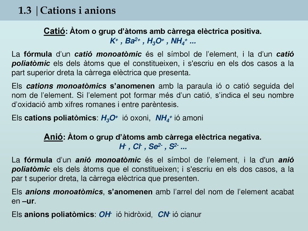 1.3 |Cations i anions Catió: Àtom o grup d’àtoms amb càrrega elèctrica positiva. K+ , Ba2+ , H3O+ , NH
