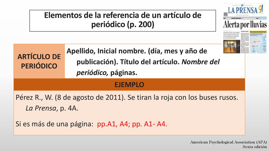Elementos de la referencia de un artículo de periódico (p. 200)