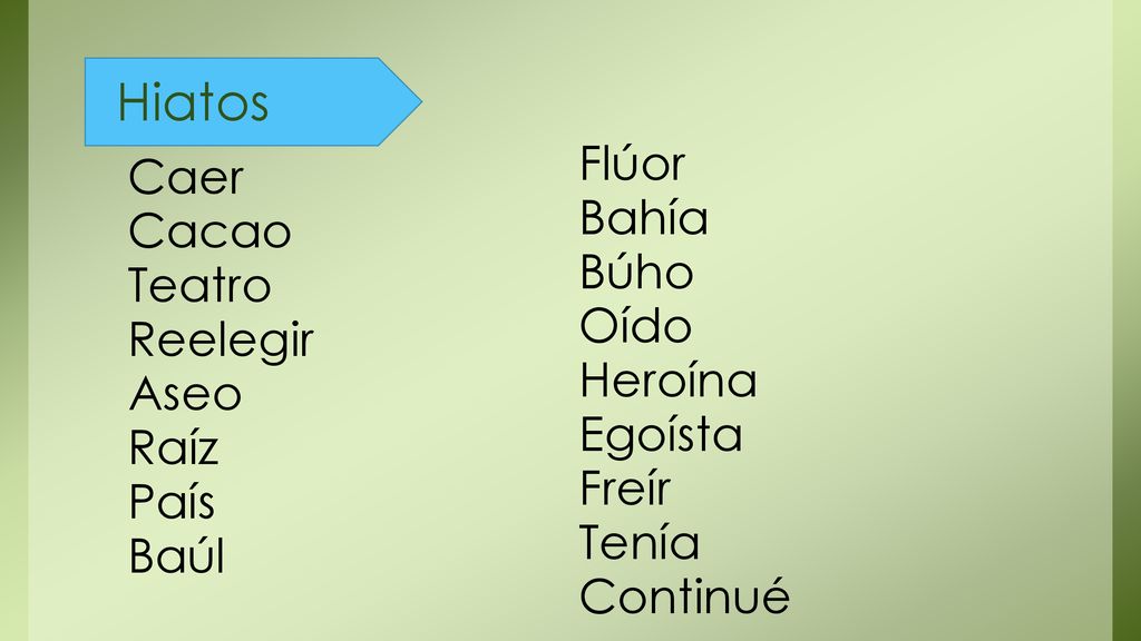 Hiatos Flúor Caer Bahía Cacao Búho Teatro Oído Reelegir Heroína Aseo