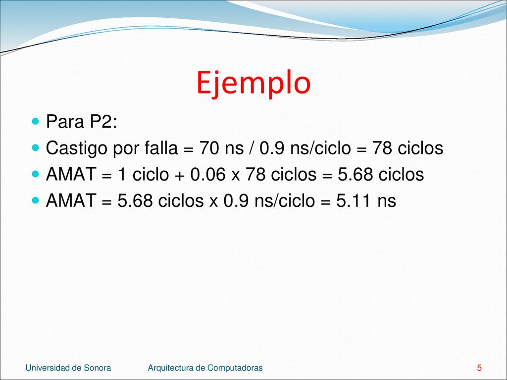 Ejemplo Para P2: Castigo por falla = 70 ns / 0.9 ns/ciclo = 78 ciclos
