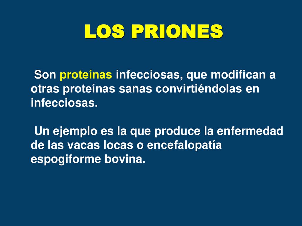 LOS PRIONES Son proteínas infecciosas, que modifican a otras proteínas sanas convirtiéndolas en infecciosas.