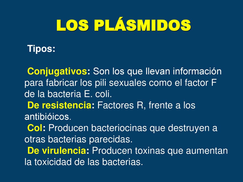LOS PLÁSMIDOS Tipos: Conjugativos: Son los que llevan información para fabricar los pili sexuales como el factor F de la bacteria E. coli.