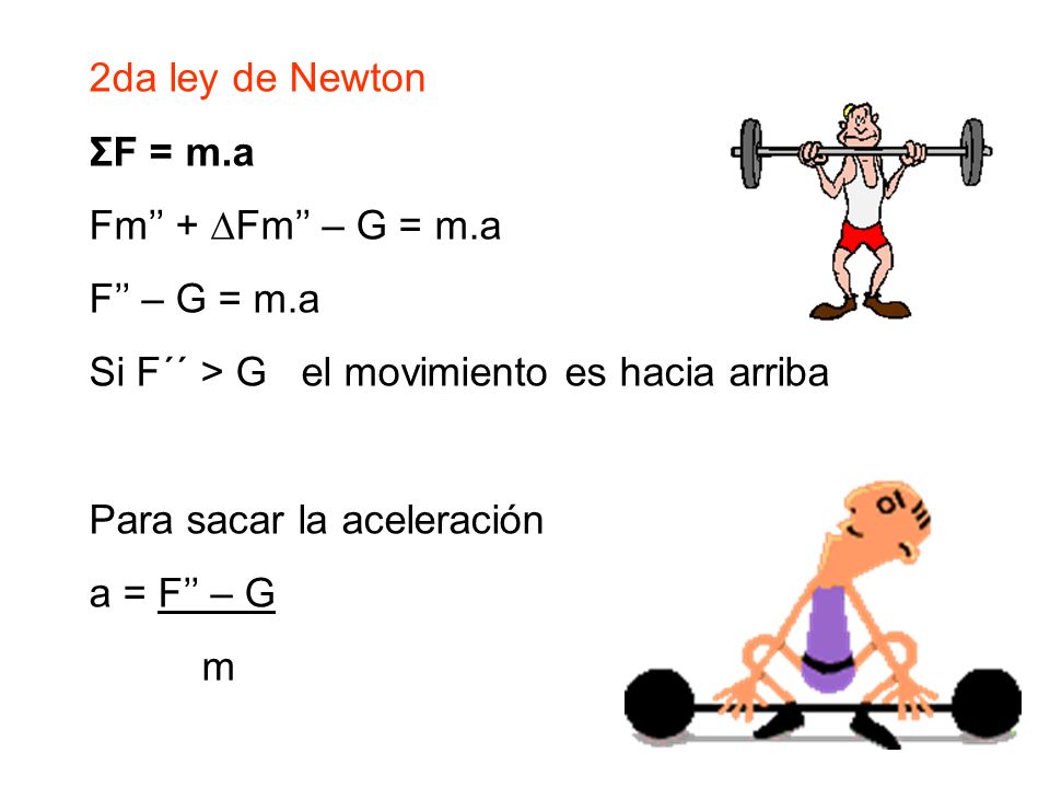 2da ley de Newton ΣF = m.a. Fm’’ + ∆Fm’’ – G = m.a. F’’ – G = m.a. Si F´´ > G el movimiento es hacia arriba.