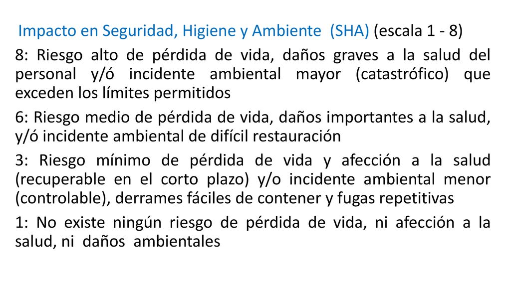 Impacto en Seguridad, Higiene y Ambiente (SHA) (escala 1 - 8)
