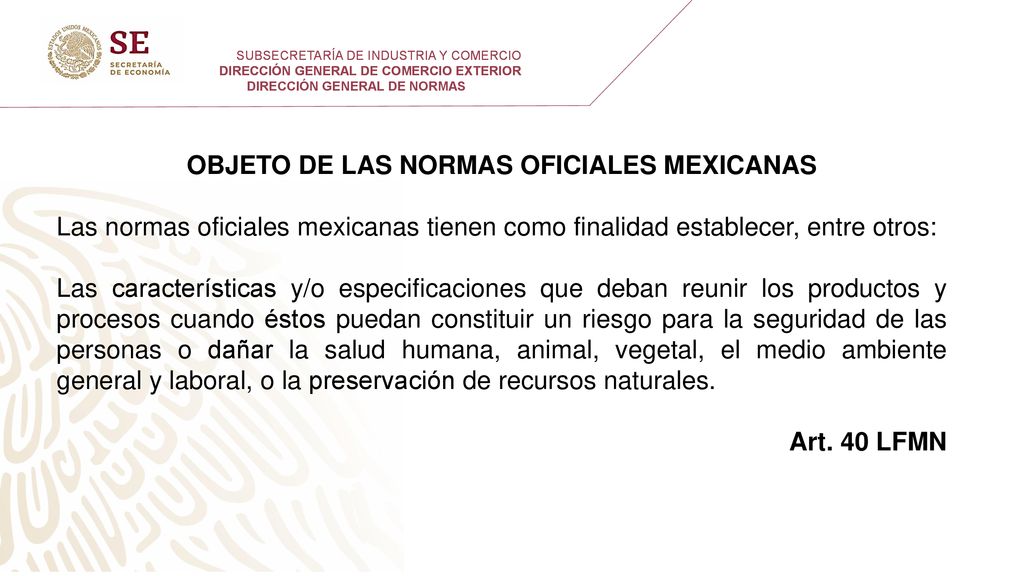 DIRECCIÓN GENERAL DE NORMAS OBJETO DE LAS NORMAS OFICIALES MEXICANAS